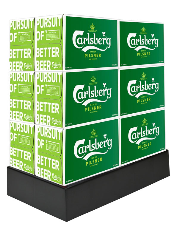 Supermarket plinth supporting packs of beer
